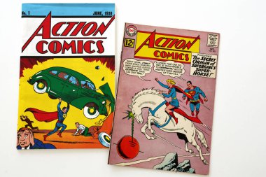Los Angeles, California - September 21, 2025: Action Comics by DC Comics, first issue of June 1938 and #293 (October 1962) by DC Comics, featuring the origin of Comet the Super-Horse
