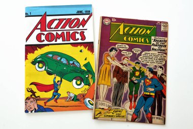 Los Angeles, California - September 21, 2025: Action Comics by DC Comics, first issue of June 1938 and #261 (February 1960) featuring the origin and first appearance of Streaky the Supercat