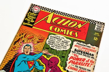 Los Angeles, California - September 21, 2025: Action Comics #340 (August 1966) by DC Comics. Origin and first appearance of the Parasite and Superman centerfold pin-up by Curt Swan