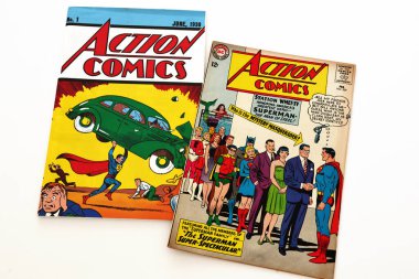 Los Angeles, California - September 21, 2025: Action Comics by DC Comics, first issue and #309, featuring President John F. Kennedy, Legion of Super-Heroes, Lex Luthor, Batman and Robin appearance