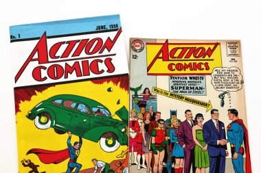 Los Angeles, California - September 21, 2025: Action Comics by DC Comics, first issue and #309, featuring President John F. Kennedy, Legion of Super-Heroes, Lex Luthor, Batman and Robin appearance