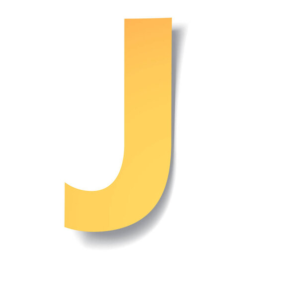 yellow-gold letter J carved from paper with soft shadow.Vector origami