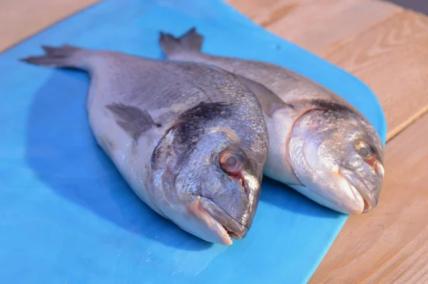 Две рыбы дорадо на голубом стакане — стоковое фото