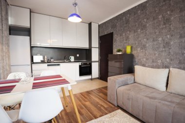 Modern aydınlık ve rahat oturma odası kanepe, yemek masası ve mutfak dekorasyon. Gri ve beyaz stüdyo daire.
