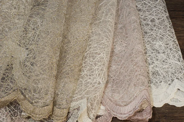 Close up of Beautiful Tulle. Sheer Curtains Fabric Sample. Texture, Background, Pattern. Interior Design. Vintage Lace Tulle Chiffon — Stock Photo, Image