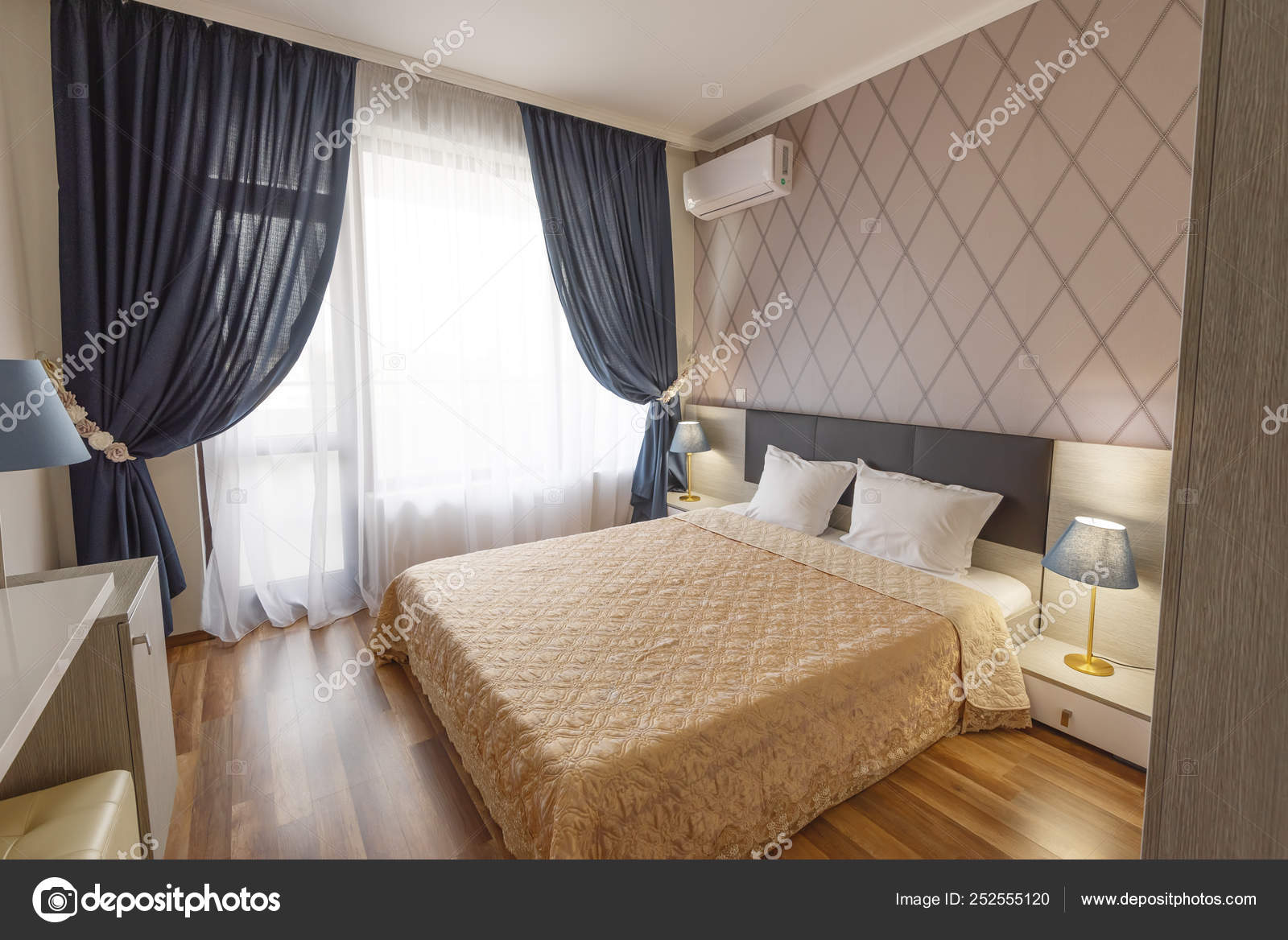 Interior Of Modern Bedroom With Cozy Double Bed Windows With Long