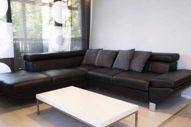 Rahat siyah deri kanepe ile oturma odası modern iç