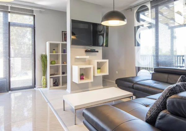 Interior moderno de la sala de estar con cómodo sofá de cuero negro — Foto de Stock