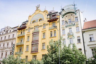 Wenceslas Meydanı'nda ünlü Grand hotel Europa, Prague, Çek Cumhuriyeti - 24 Mayıs 2018: cephe