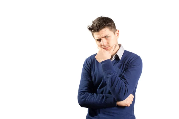 Jovem Homem Pensativo Camisola Azul Camisa Posando Fundo Branco — Fotografia de Stock