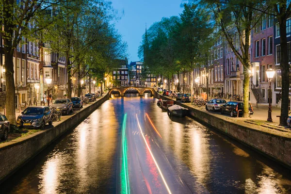 Amsterdam Pays Bas Mai 2019 Sentiers Lumineux Bateau Vue Nuit — Photo