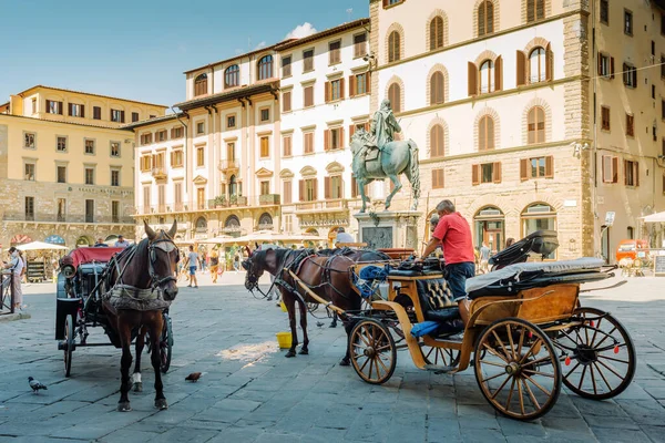 Florencia Italia Agosto 2020 Caballos Carruajes Esperando Los Turistas Piazza — Foto de Stock