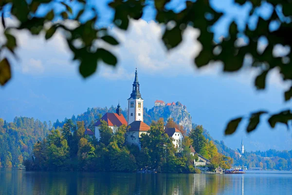 Ilha Lago Bled Igreja Católica Martin Castelo Com Cordilheira Eslovênia — Fotografia de Stock