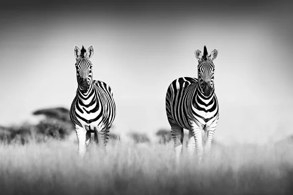澄んだ空とシマウマ 黒と白の芸術写真 バーチェルサバンナシマウマ エクウス クアッガ Burchellii ナイパン国立公園 ボツワナ アフリカ 牧草地の野生動物 — ストック写真