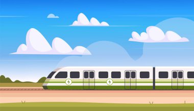 Modern bir çevre dostu tren doğal bir arazide hareket ediyor. Yenilenebilir enerji ile çalışan sürdürülebilir, düşük karbonlu toplu taşıma. Yapay zeka olmayan vektör oluşturuldu