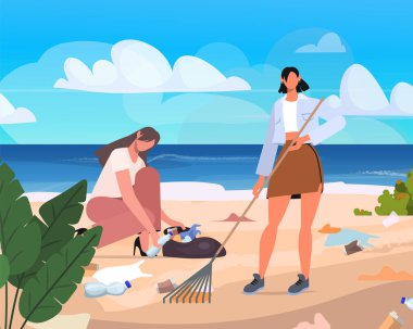 İki kadın gönüllü aktif olarak deniz ya da okyanus yakınlarındaki kumlu bir sahil boyunca plastik ve diğer çöpleri topluyor. Doğayı korumak ve kirliliği azaltmak. Yapay zeka olmayan vektör oluşturuldu