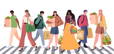 Yaya geçidinde yürüyen ve içi taze ürünlerle dolu alışveriş torbaları taşıyan bir grup birey. Çantalarda ağ, bez ve kağıt gibi çevre dostu malzemeler yer alıyor. Plastik torbalara hayır de. Vektör. Yapay zeka oluşturulmadı.