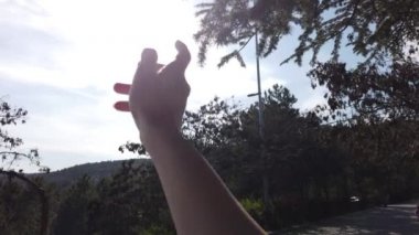 Close-up of raised hand in the sky against the sun in nature, peace, hope, camera movement 
