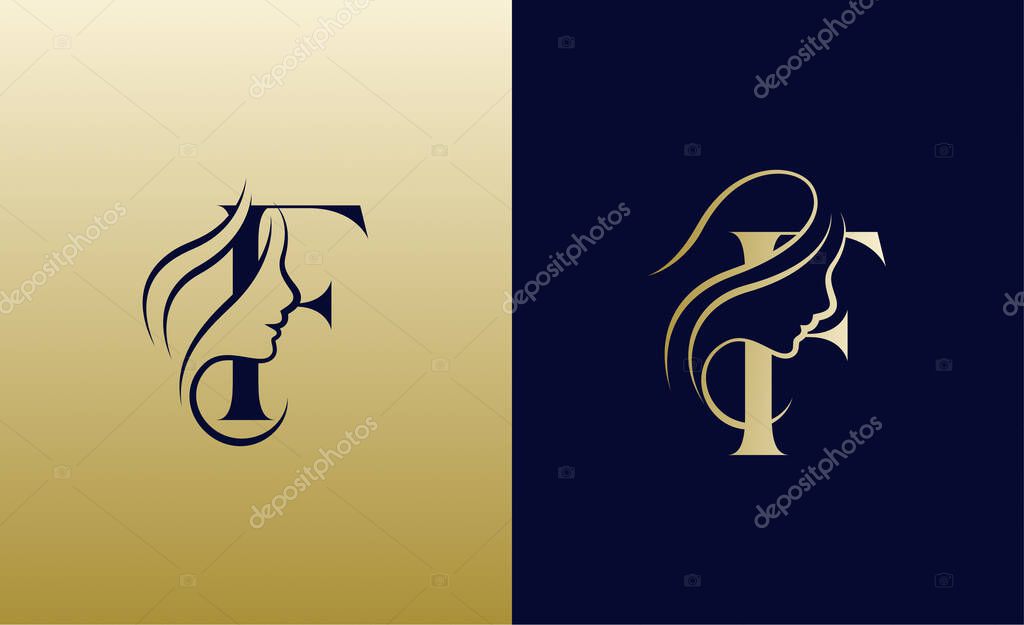 Logo Letter F and Woman Face. Beauty, Feminine and luxury with Gold Colour. Creative Template Minimalist and Modern Concept.
