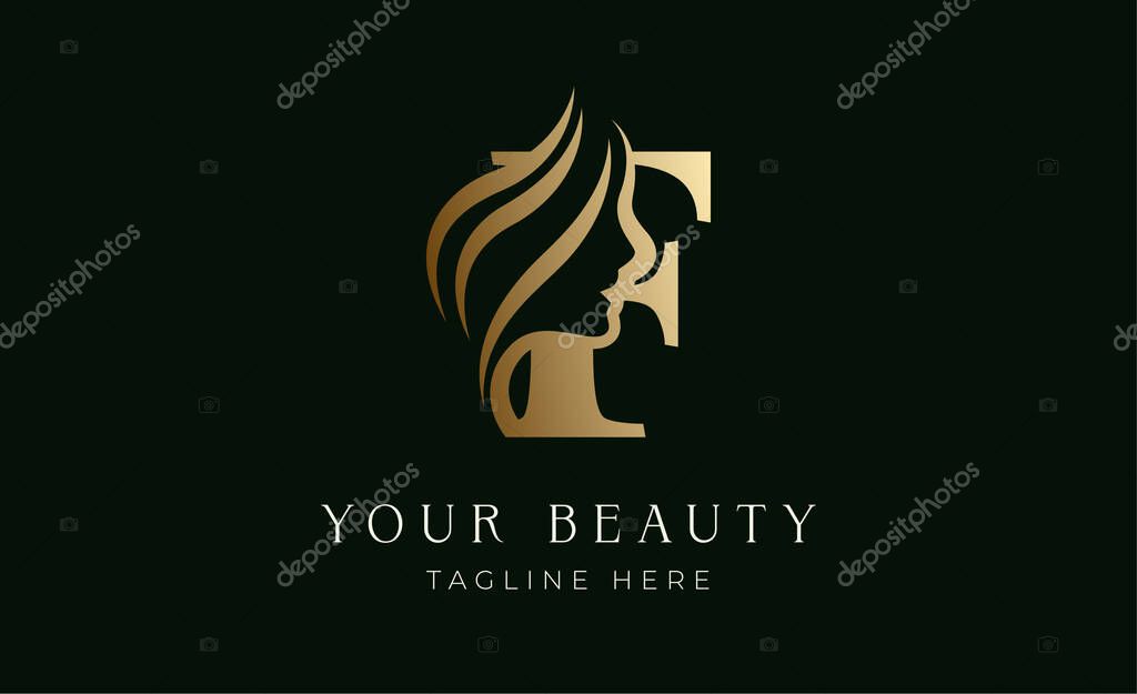 Logo Beauty Letter F and Woman Face. Beauty, Feminine and luxury with Gold Colour. Creative Template Minimalist and Modern Concept.