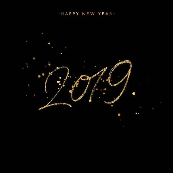 Gold 2019 lettering with golden splatters isolated on black background