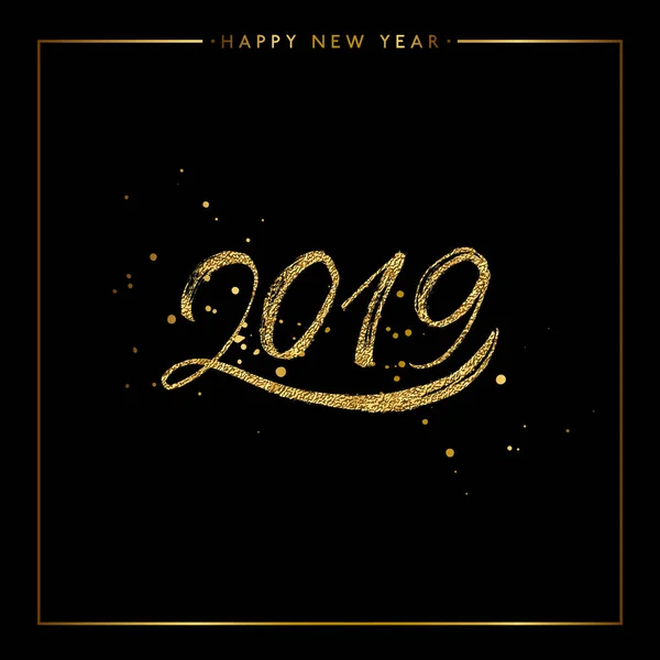 Feliz Año Nuevo 2019 texto de oro con salpicaduras de oro — Vector de stock