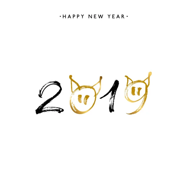 2019 Feliz Año Nuevo de Cerdo, texto de oro aislado sobre fondo blanco — Vector de stock