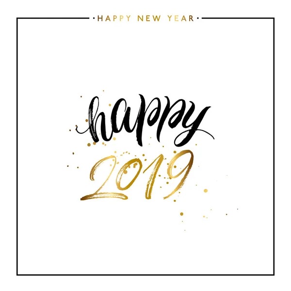 Feliz Año Nuevo 2019 texto de oro con salpicaduras de oro — Vector de stock