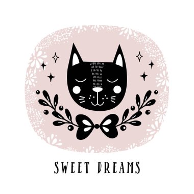 Şirin kedi ile vektör kartı. Gösterim amacıyla çocuk parmak, selamlar, poster, tişört, paketleme, davet ediyor. Sevimli hayvan. Tatlı rüyalar metni ile kartpostal.