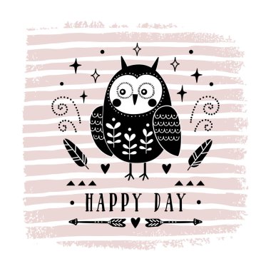 Vektör kartı ile şirin baykuş. Gösterim amacıyla çocuk parmak, selamlar, poster, tişört, paketleme, davet ediyor. Mutlu gün metin ile kartpostal. Gösterim amacıyla tasarım.