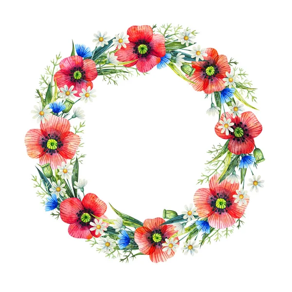 Watercolor floral wreath. Summer flowers. Hand drawn illustration. Floral frame.