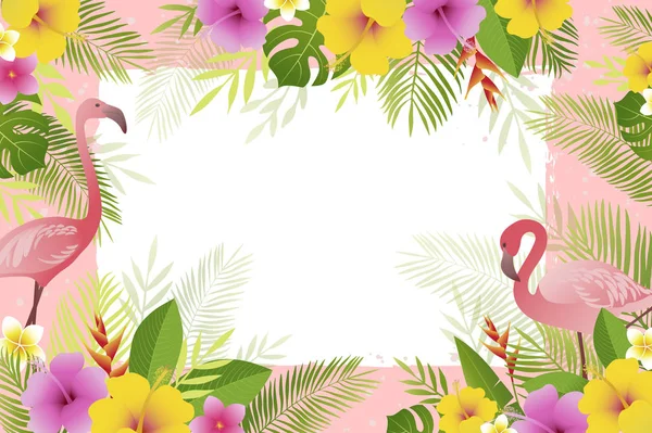 Marco de verano con flamenco, hojas de palma y flores tropicales. Plantilla de bandera floral vectorial . — Vector de stock