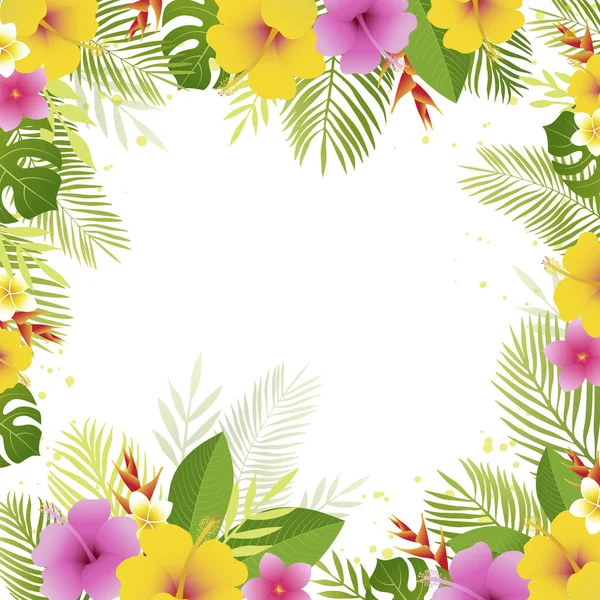 Summer frame with palm leaves and tropical flowers. Vector floral banner template. — Διανυσματικό Αρχείο