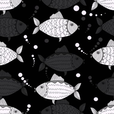 Sorunsuz vektör desen. Grafik balık baloncuklar siyah bir arka plan ile kontrast desen.