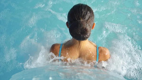 Beautiful Young Girl Woman Relaxed Hydromassage Bath Blue Bathing Suit — Stock Photo, Image