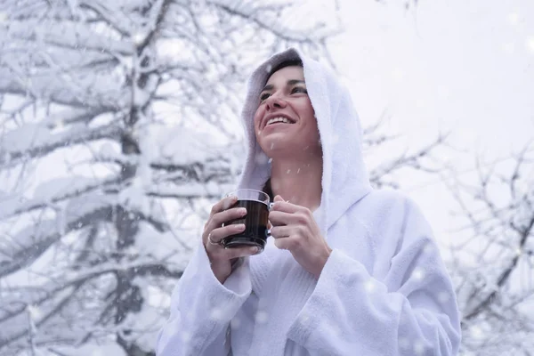 Beautiful Woman White Bathrobe Drinks Hot Tea Mountains While Snow — Stock Photo, Image