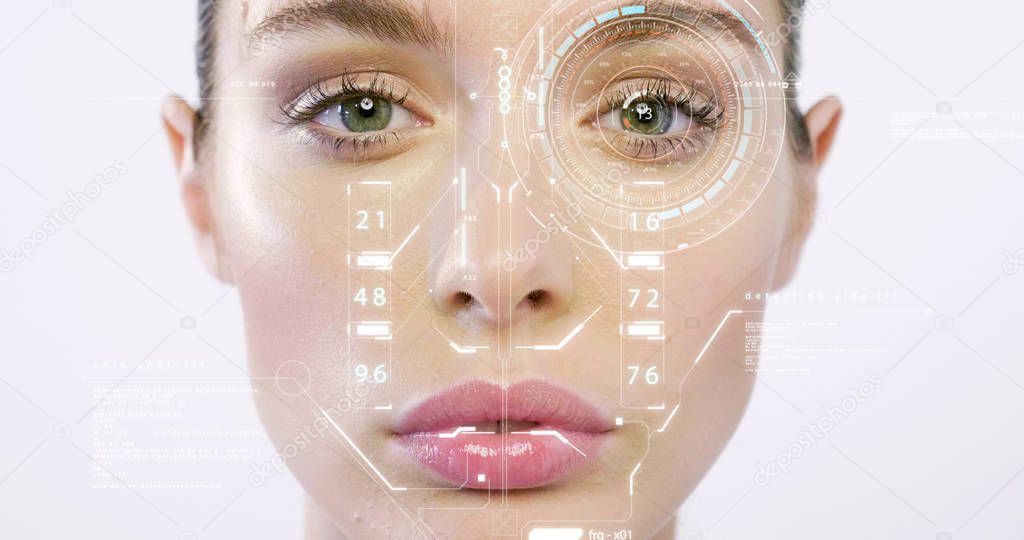 caucasian woman face and hologram security scan