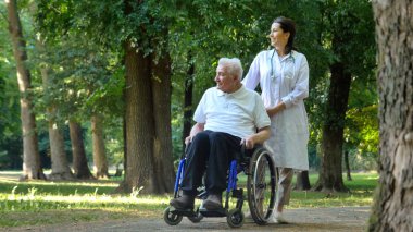 Doktor, Hemşire, bakım yaşlı, girl (kadın) ve tekerlekli sandalyede oturan dedesi Park'ta yürüyordunuz. Konsept: bir yatılı ev, bir sanatoryum, yaşlılar için yaşlı, yardım için bir ev.