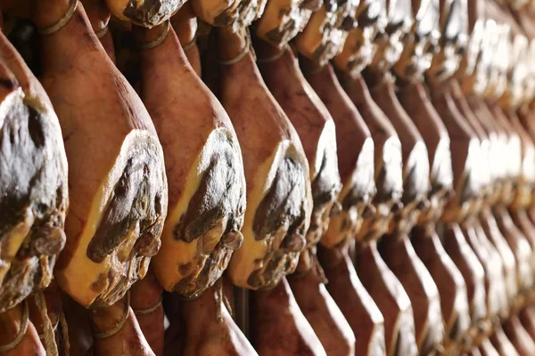 Ham Factory Hams Hung Season Having Undergone Various Processes According — Stock Photo, Image