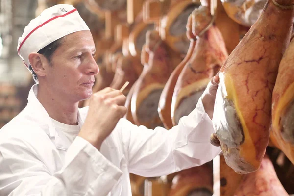 In a ham factory, a man in charge of quality control walks between the hams and controls, the perfume and the certified Italian quality. Concept of: tradition, Italy, food, ham