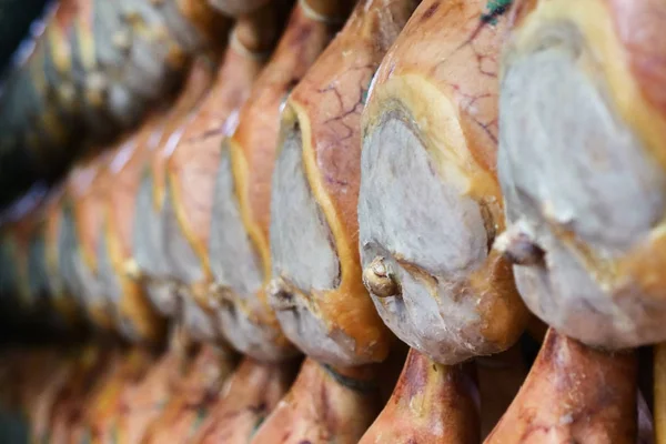 Ham Factory Hams Hung Season Having Undergone Various Processes According — Stock Photo, Image