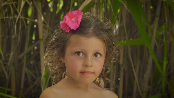 Potret Gadis Kecil Dengan Bunga Rambutnya Tersenyum Bahagia Latar Belakang — Stok Foto