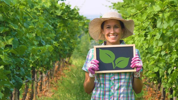 Perempuan Petani Berdiri Perkebunan Anggur Dan Memegang Papan Tulis Dengan — Stok Foto