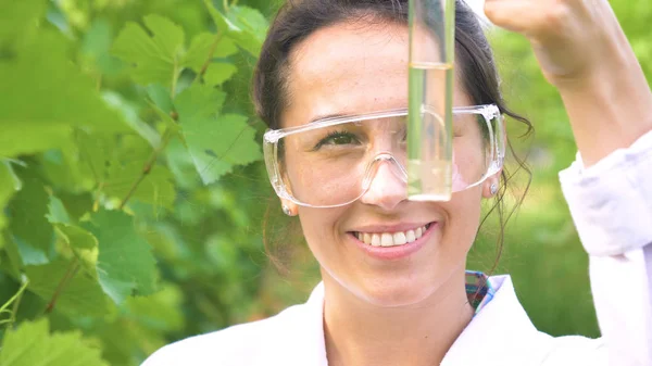 Scientifique Médecin Femme Manteau Blanc Lunettes Laboratoire Regardant Tube Verre — Photo