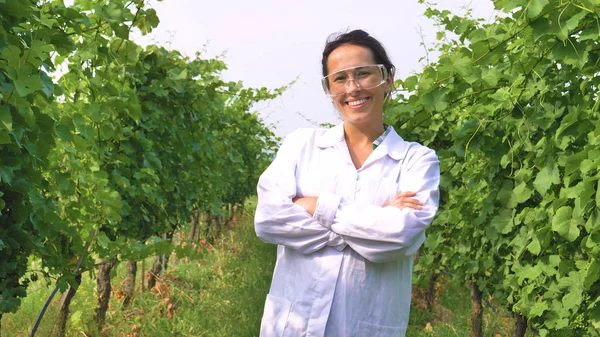 Wanita Ahli Biologi Dalam Mantel Putih Berdiri Kebun Anggur Hijau — Stok Foto