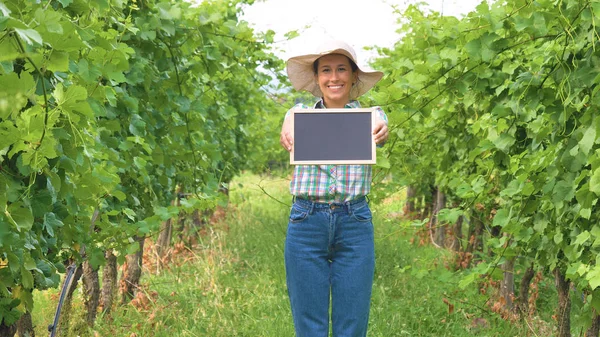 Mulher Agricultor Feliz Plantação Campo Uva Segurando Quadro Negro Para — Fotografia de Stock