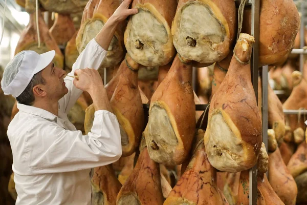 Uomo Che Controlla Annusa Carne Prosciutto Parma Fabbrica Foto Stock