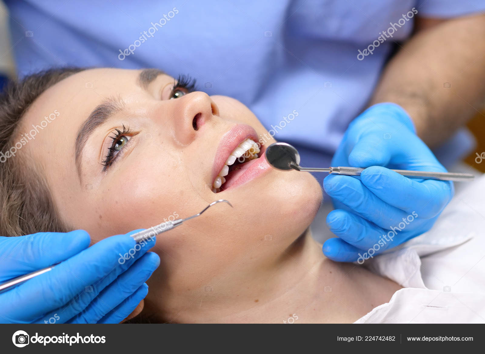Professional Practice Dentist Checks Dentition Patient She Happy Visit