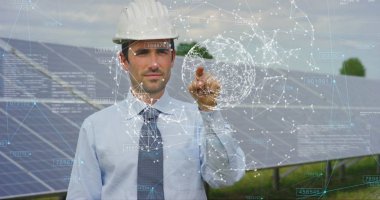 Beyaz işadamı hologram görüntü dokunmadan 