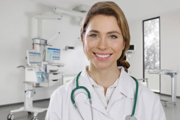 Portrait Female Doctor White Coat Stethoscope Smiling Looking Camera White — Stock Photo, Image